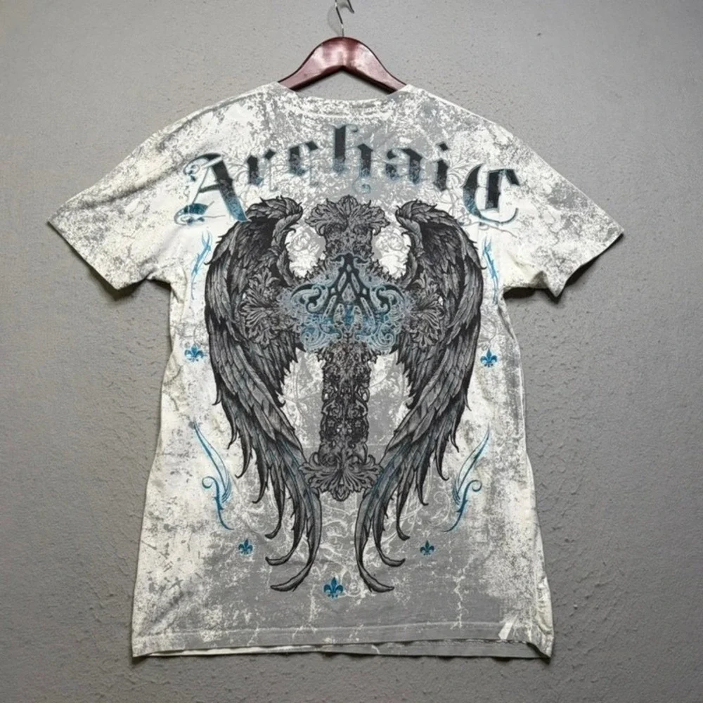 Archaic by Affliction T-Shirt Mens Large White Cross Winged Graphic Y2K Tee